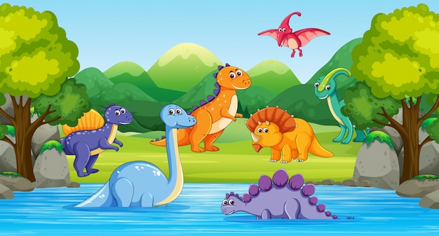 Dinosaurs in wood scene with river