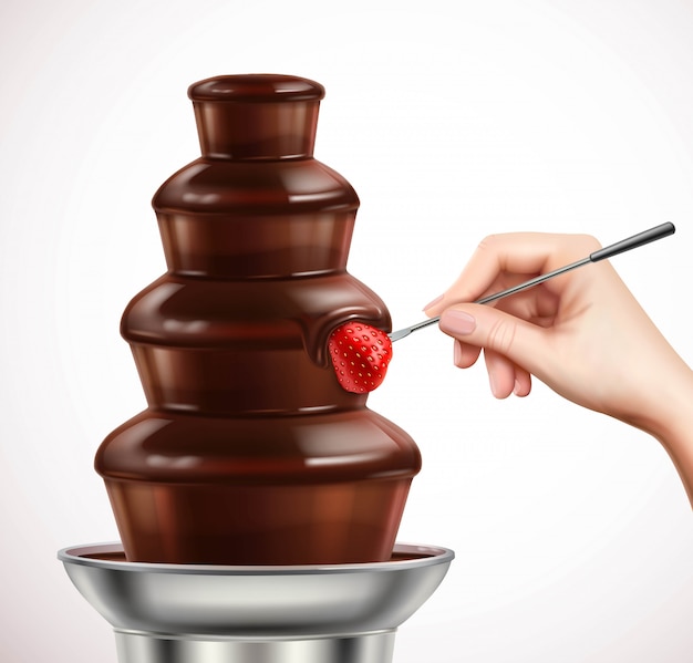 Free vector dip strawberry into chocolate fountain composition