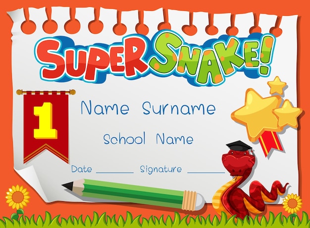 Diploma or certificate template for school kids with super snake cartoon character