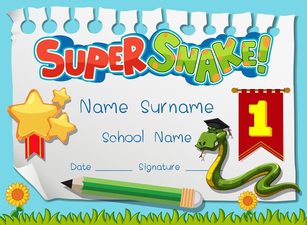 Diploma or certificate template for school kids with super snake cartoon character