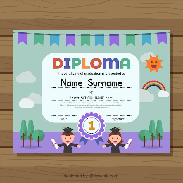 Free vector diploma for kids with purple details