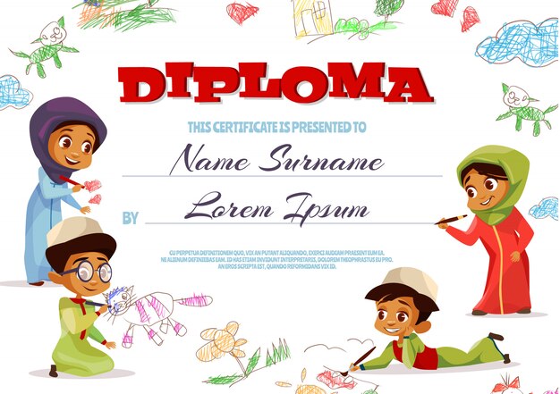 Diploma template illustration of kindergarten certificate for Muslim kids. 