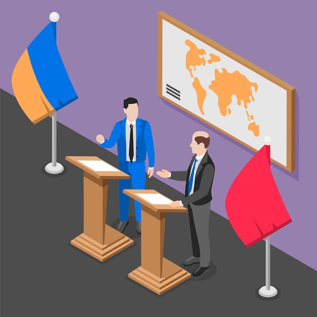 Бесплатное векторное изображение Дипломатия и дипломат изометрическая концепция двух мужчин обсуждают важные политические вопросы векторной иллюстрации