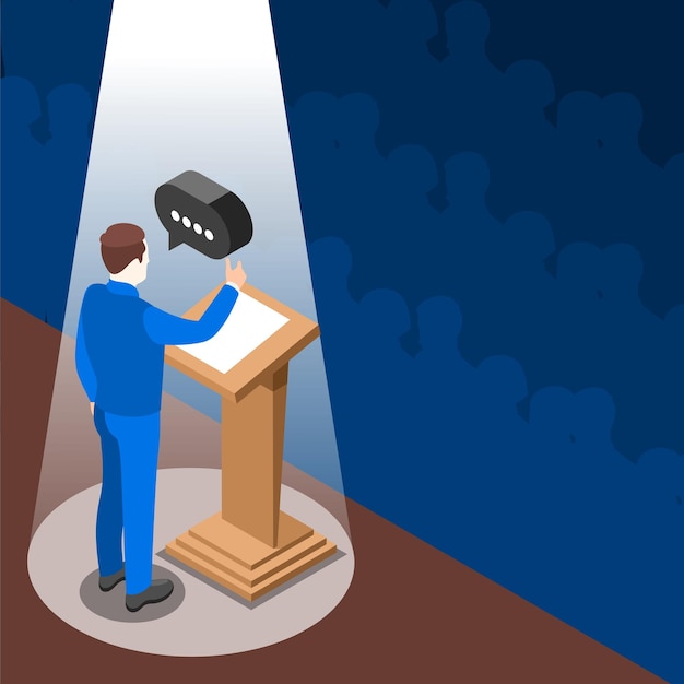 Free vector diplomacy and diplomat colored isometric concept a man in a suit stands on the podium vector illustration