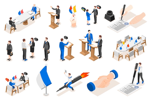 Free vector diplomacy and diplomat isometric icon set people at the negotiating table at debates at speeches before the government the flag of the country and the signing of documents vector illustration