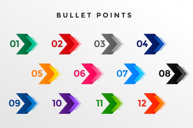 Free vector direction number bullet points from one to twelve