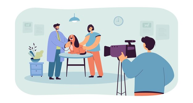 Director shooting veterinarians appointment. Cameraman recording video of dog and his owner at vet clinic flat vector illustration. Occupation concept for banner, website design or landing web page