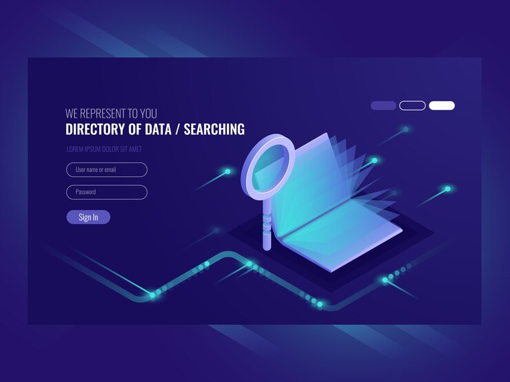 Free Vector directory of data, information serching result, book with magnifying glass