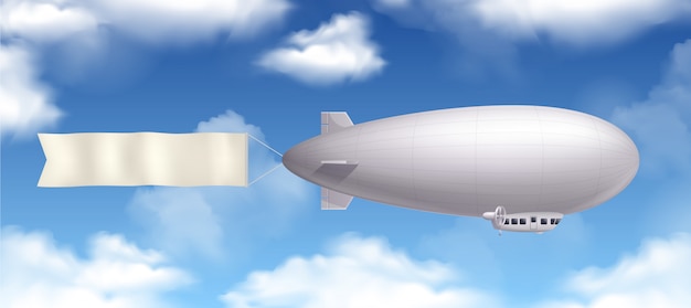 Dirigible airship realistic composition with banner and clouds in the sky