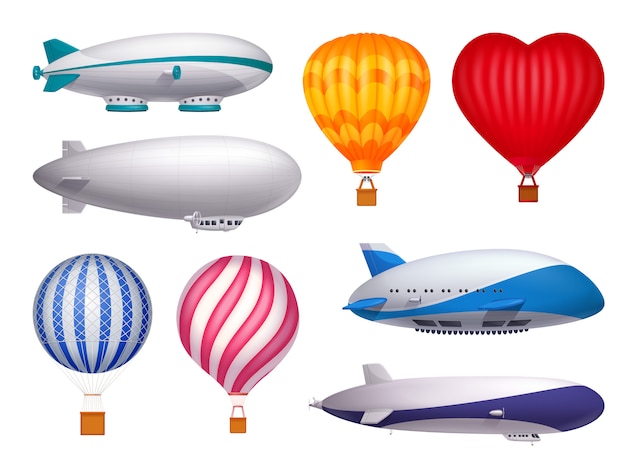 Free vector dirigible and balloons transportation realistic set isolated