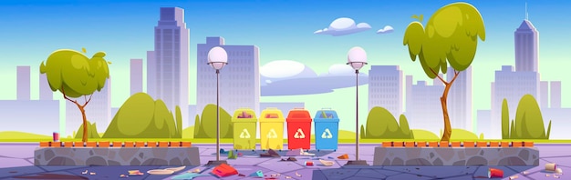Грязный городской парк с урнами для сортировки и переработки мусора