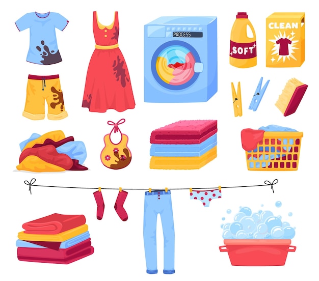 Dirty clean clothing laundry wash set with isolated icons of various clothes washing machine and detergents vector illustration