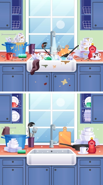 Free vector dirty kitchen composition with plates cups and ladle flat