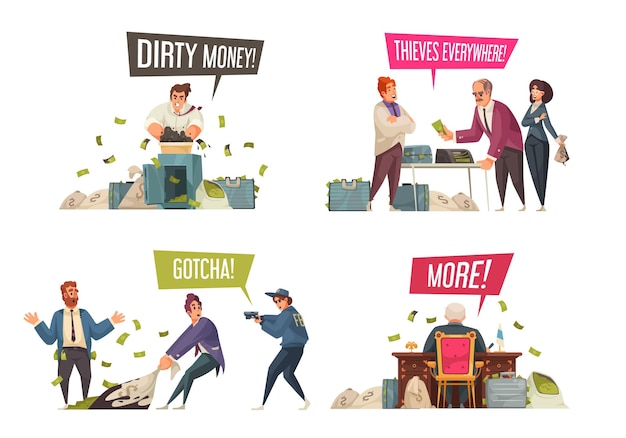 Концепция незаконной деятельности по отмыванию грязных денег 4 забавные мультяшные композиции с иллюстрацией краж и коррупционных преступлений