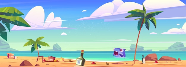 Free vector dirty ocean beach with trash and scared shark in water