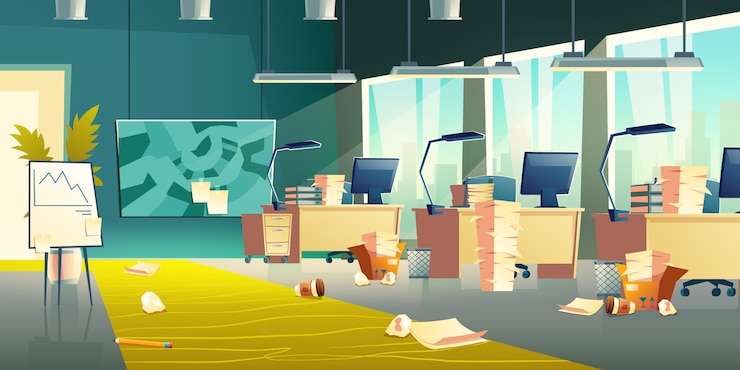 Free Vector dirty office interior, empty work place, garbage banner