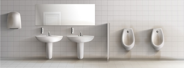 Грязный общественный мужской туалет 3d реалистичный интерьер.