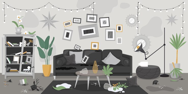 無料Vector 装飾壁画とゴミのベクトル図とリビング ルームの屋内ビューと汚れた部屋のインテリア構成