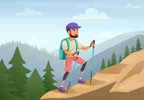 Free vector disabled man with prosthetic legs going hiking in mountains cartoon vector illustration