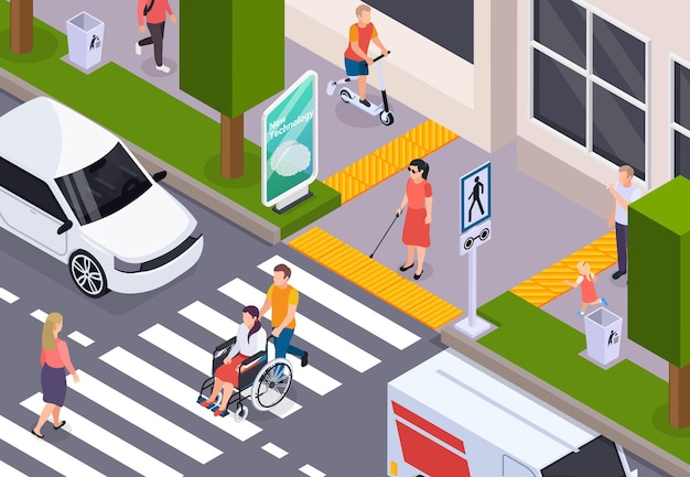 Disabled people crossing street in wheelchair and using blindness cane on tactile pavement isometric composition
