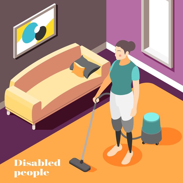 Disabled people household chores isometric composition with woman wearing prosthetic legs vacuum cleaning home illustration