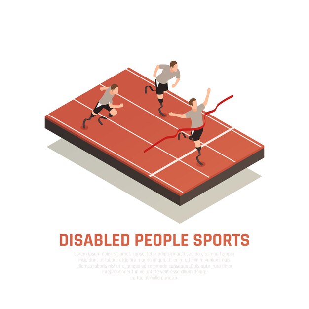 Disabled people sport isometric composition with 3 amputee blade prosthesis runners men crossing finish line