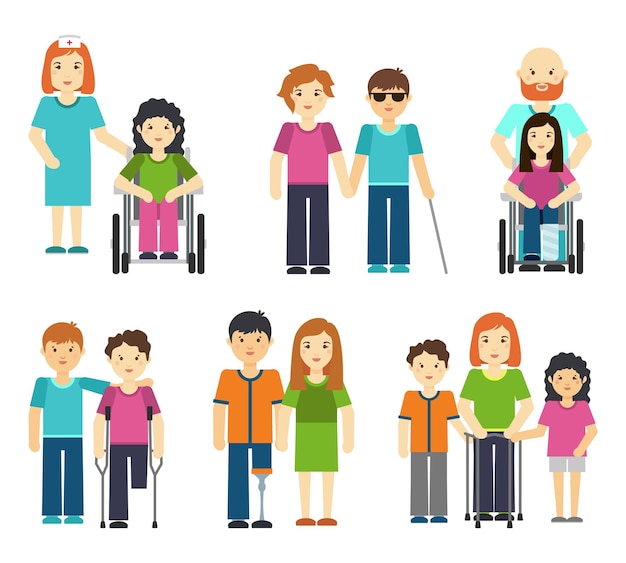 Disabled people with helping vector illustration