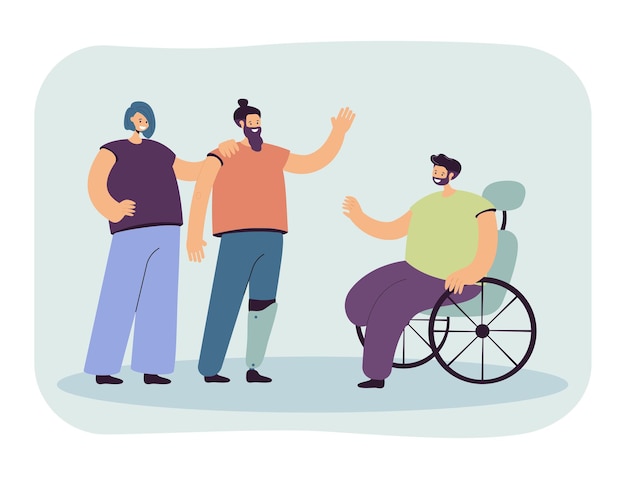 Disabled person greeting man in wheelchair. character with artificial leg, handicapped people flat vector illustration