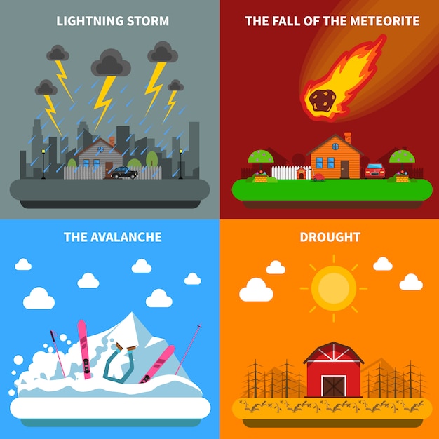 Free vector disaster concept 4 flat icons square banner