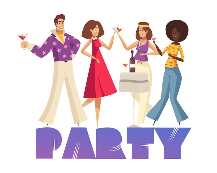 Free Vector disco party composition with text and characters of party people wearing disco style clothes vector illustration
