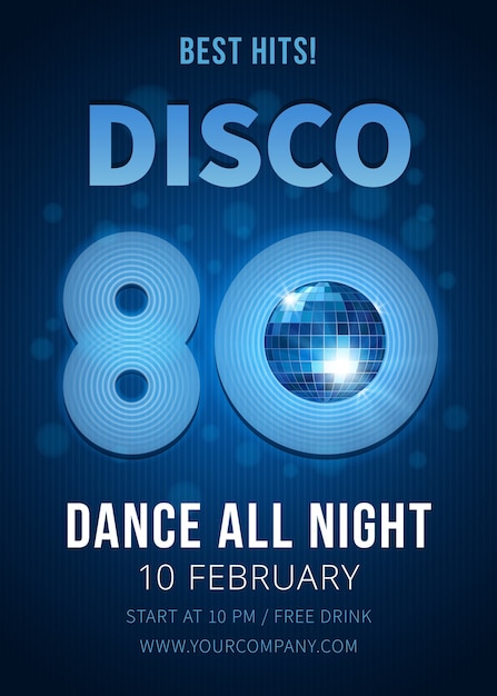 Free vector disco party poster with mirror ball. best hits of the 80s. music and club, poster and nightclub. vector illustration