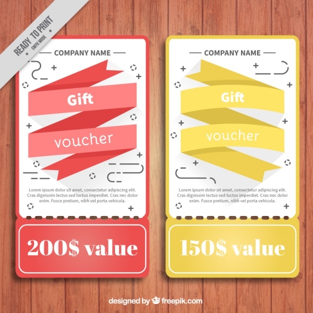 Discount coupons with colored ribbon in flat design