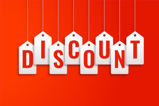 Discount hanging price tags on red background