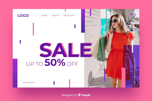 Free vector discount landing page with photo