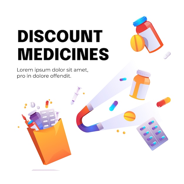 Бесплатное векторное изображение Плакат со скидкой на лекарства с магнитом, привлекающий лекарства, шприцы и медицинские таблетки в бутылках