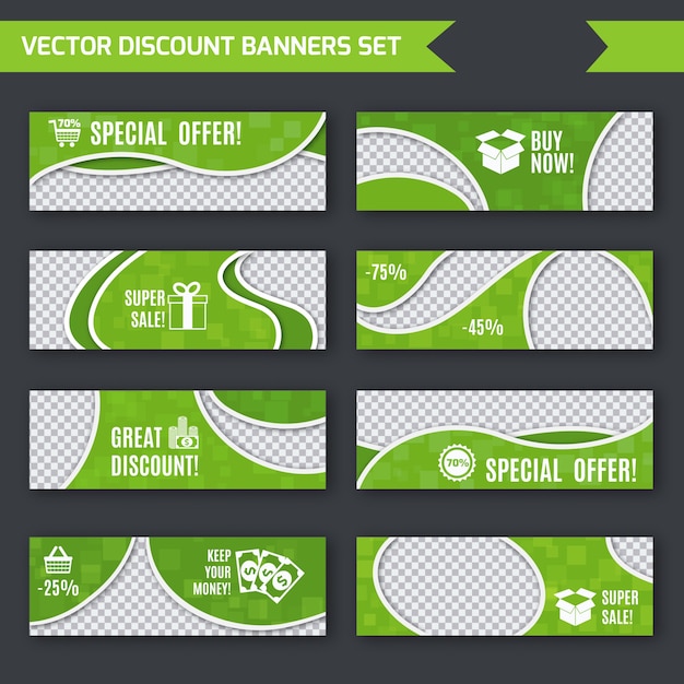 Discount promotion advertising green paper banners set isolated vector illustration