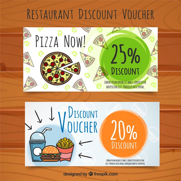 Free vector discount vouchers for food, hand painted