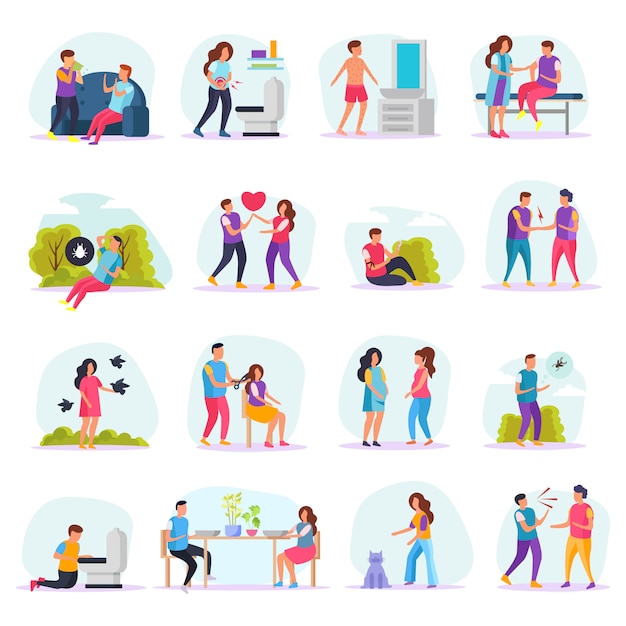 Free vector diseases transmission ways flat icons set with people communicating with sick or insects or in barbershop