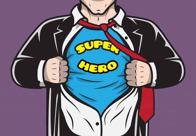 Замаскированный скрытый комикс супергероя бизнесмен, разрывая его рубашку концепции векторной иллюстрации
