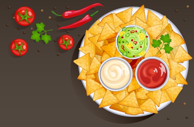 Free vector dish with nacho chips and sauces in bowls. mexican food cartoon style illustration