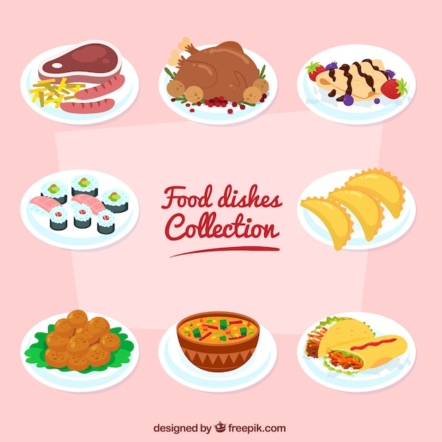 Dishes collection with different food