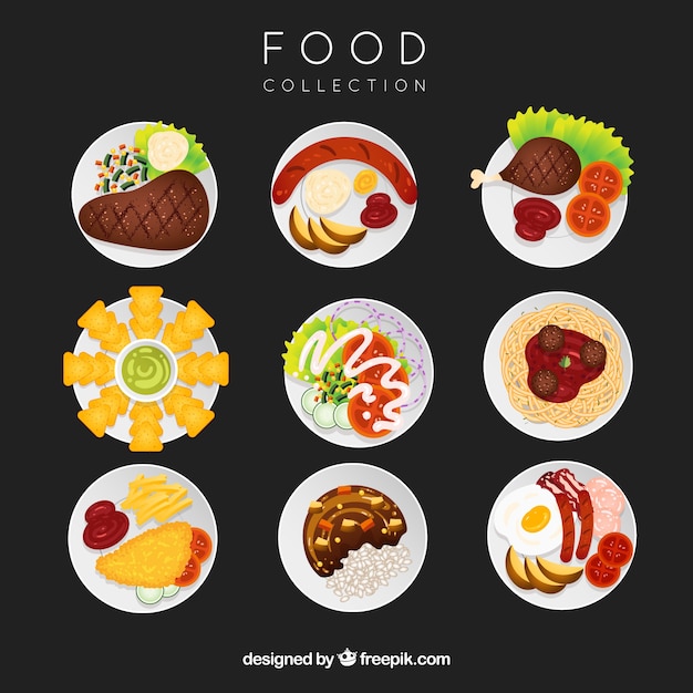 Free vector dishes collection with food in top view