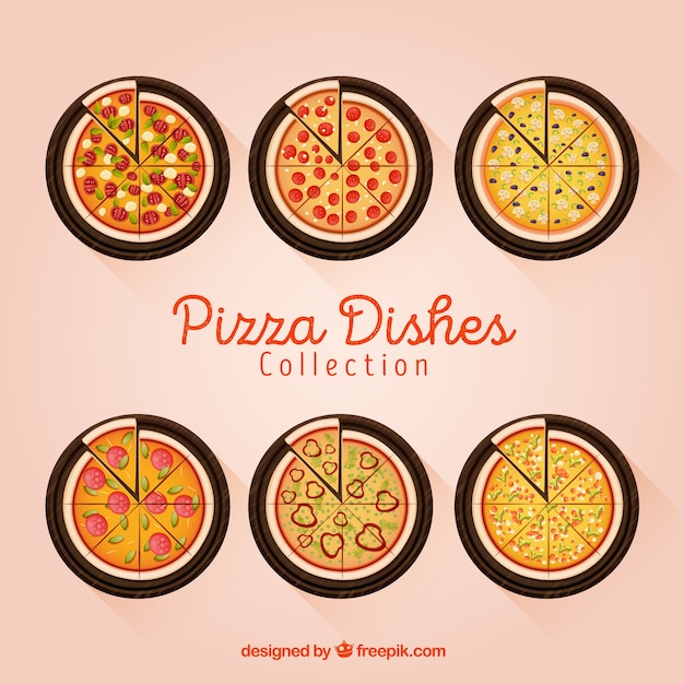 Dishes collection with pizzas in top view