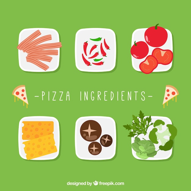 Dishes with pizza ingredients