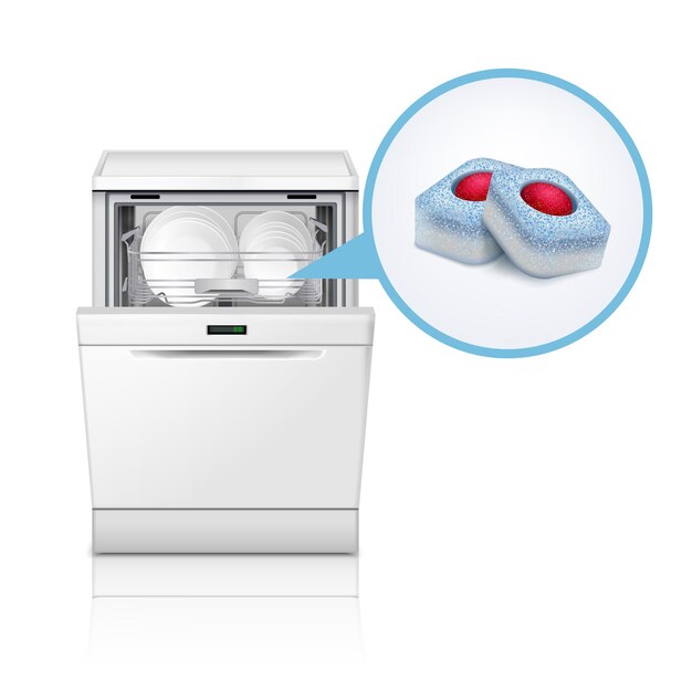 Dishwasher machine and tablets realistic illustration