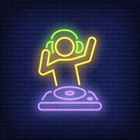 Free vector disk jokey with dj mixer neon sign