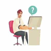 Free vector dispatchers client support call center composition with view of male agent at working place with question mark vector illustration