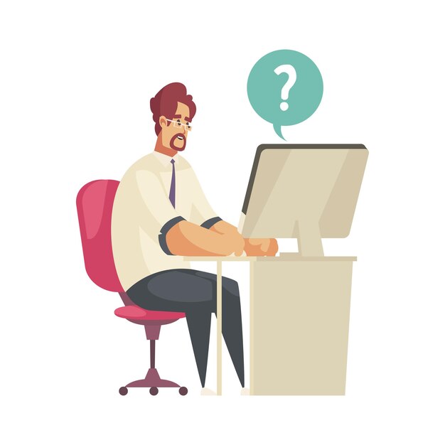 Dispatchers client support call center composition with view of male agent at working place with question mark vector illustration