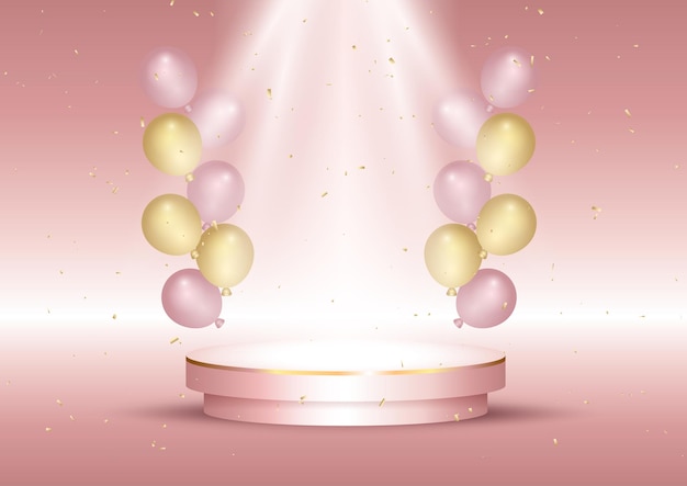 Free vector display interior with balloons and empty podium in rose gold colours