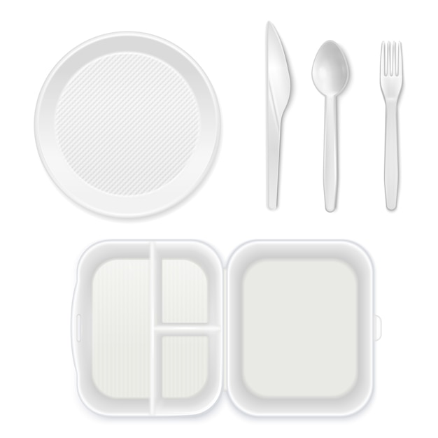 Disposable white plastic plate cutlery knife fork spoon lunchbox top view realistic tableware set isolated